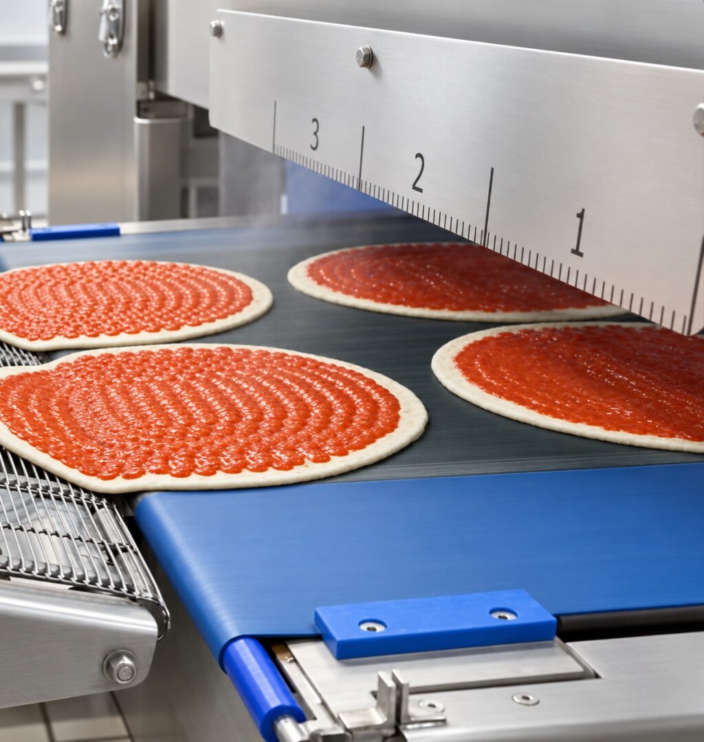 Round pizza bases with rings of tomato sauce dots on a dark conveyor belt