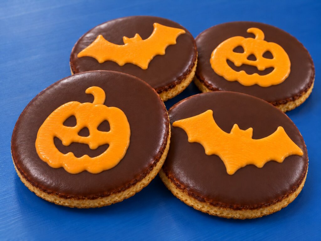 Four chocolate-coated biscuits with an orange pumpkin or bat on a blue background