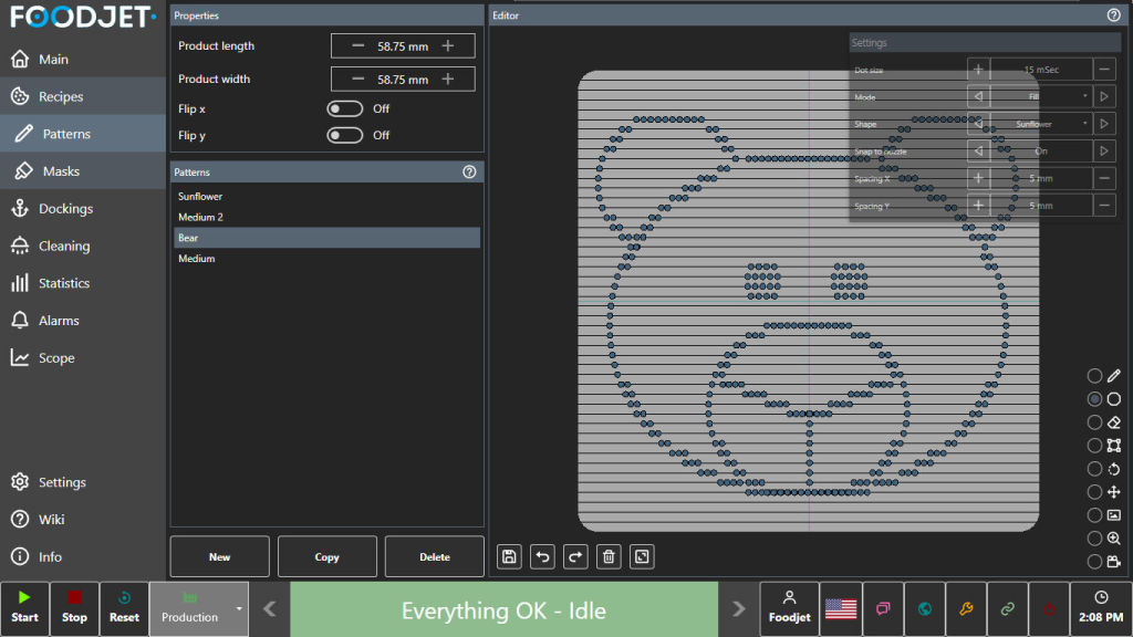 Pattern editor in the FoodJet Control Platform with a custom dot pattern in the shape of a bear face